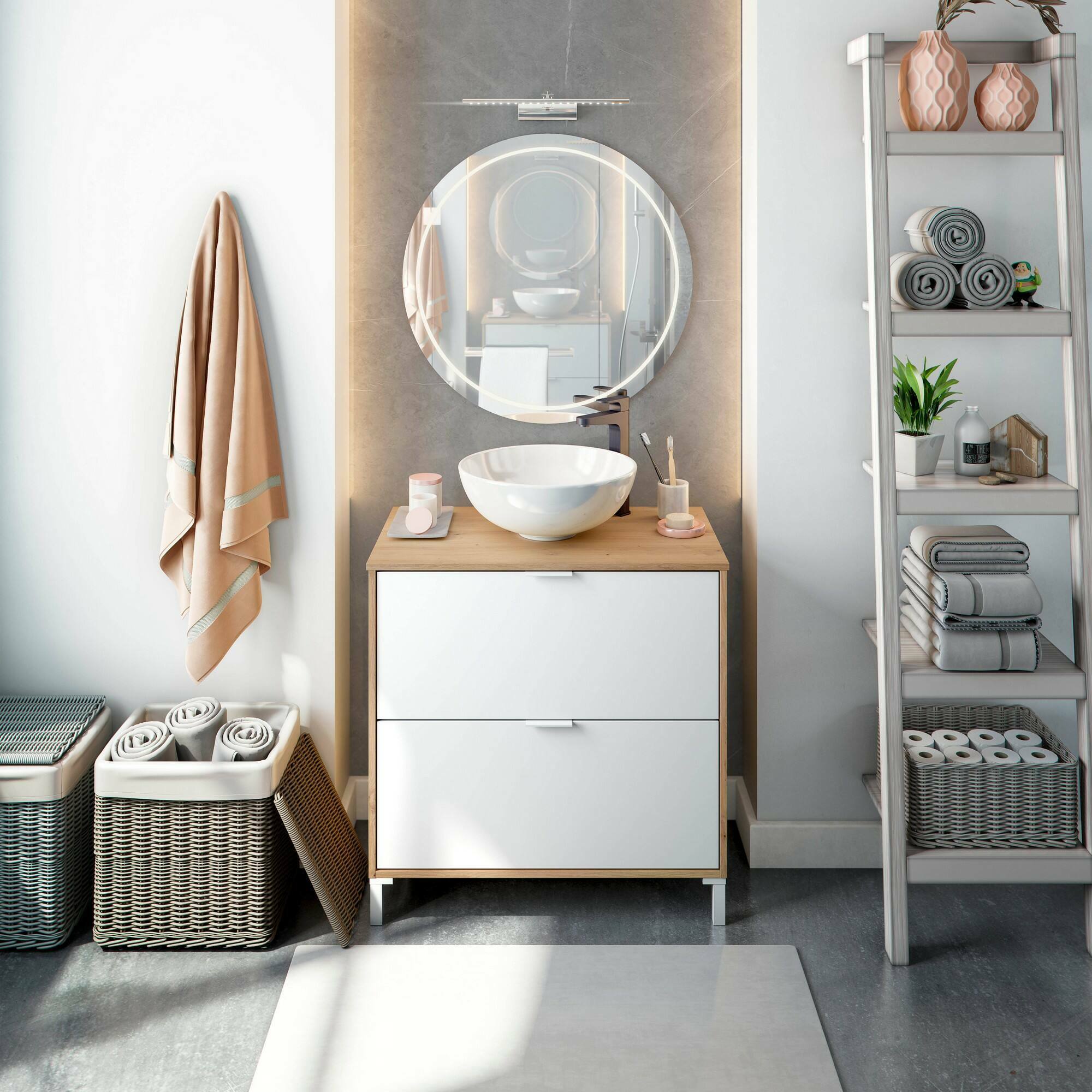 Mobile sottolavabo Bellegra, Mobiletto da bagno, Contenitore porta lavabo, Armadio per lavandino, 79x46 h79 cm, Rovere Nodi e Bianco lucido