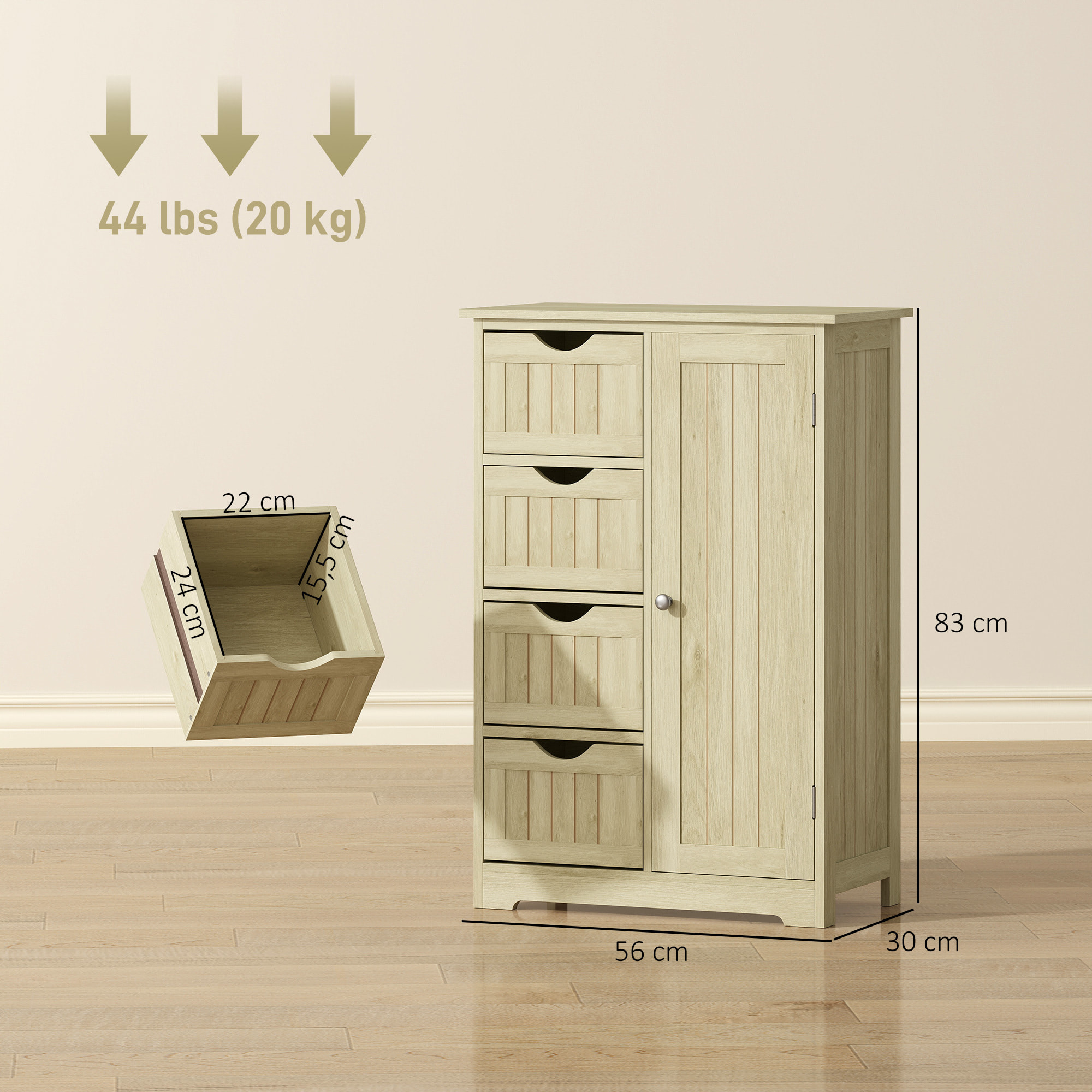 Armario de Baño, Columna de Baño Estrecha con 4 Cajones y Estante Ajustable, Estilo Moderno, para Espacios Pequeños, 56x30x83 cm, Madera Natural