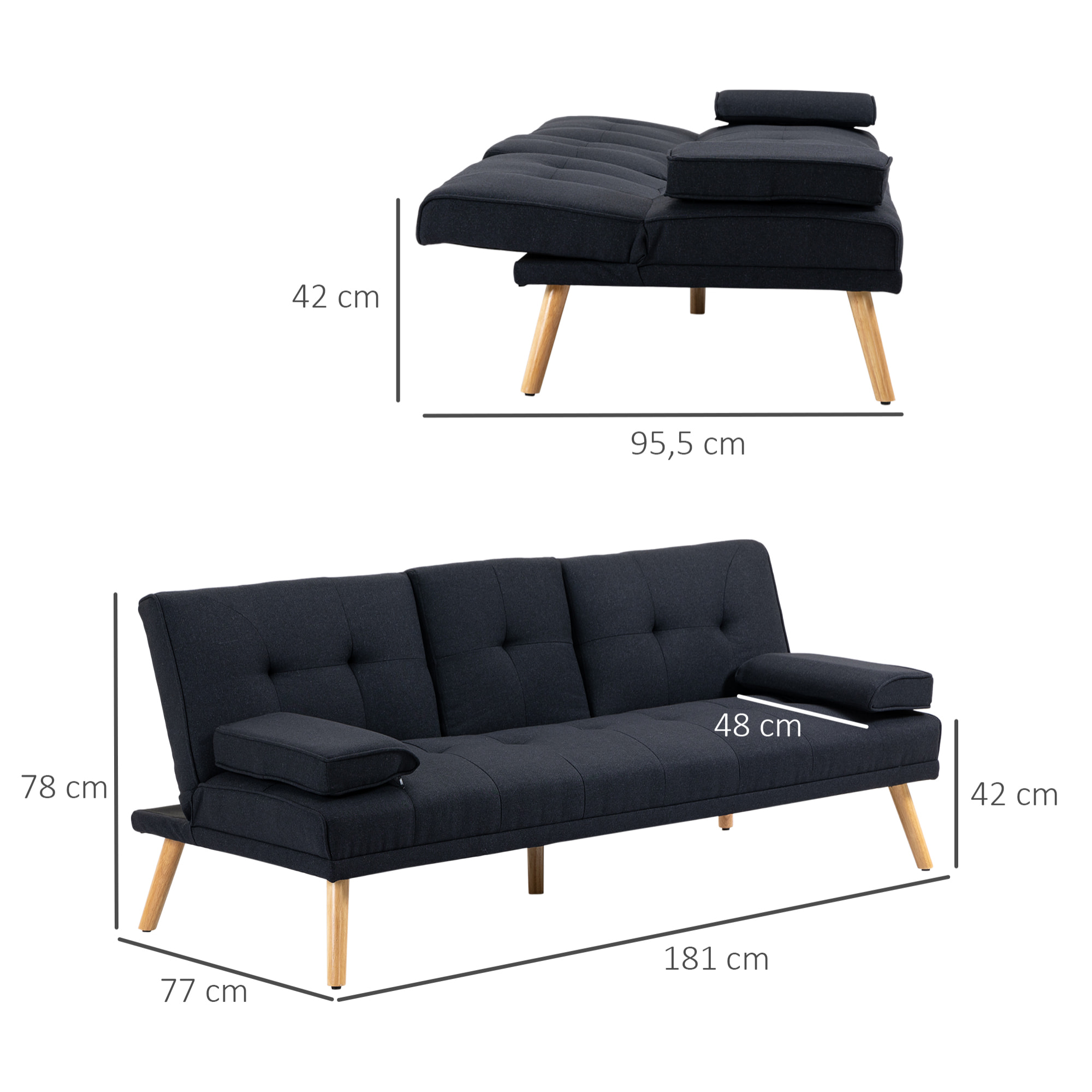 Canapé convertible 3 places design scandinave inclinaison dossier réglable 3 niveaux dossier centrale rabattable 2 porte-verres bois peuplier polyester anthracite