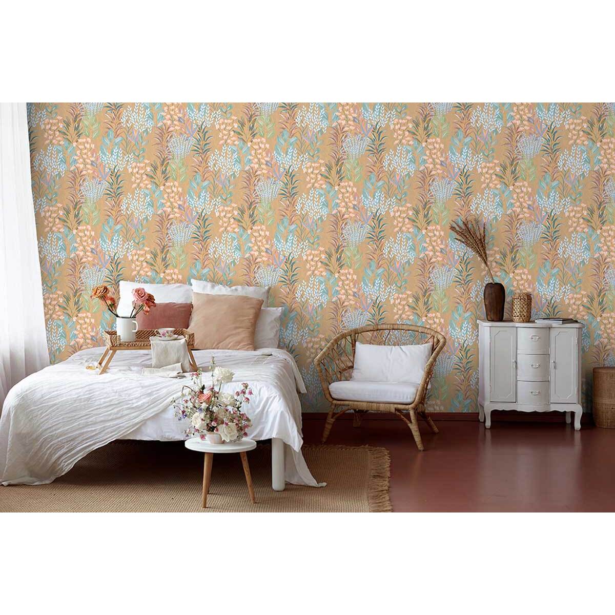 Papier peint feuillage aquarelle fond ocre