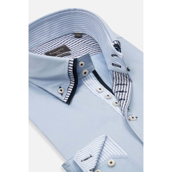 Camicia Uomo 2 Bottoni Button Down Triplo Collo Slim Satin Unito Celeste