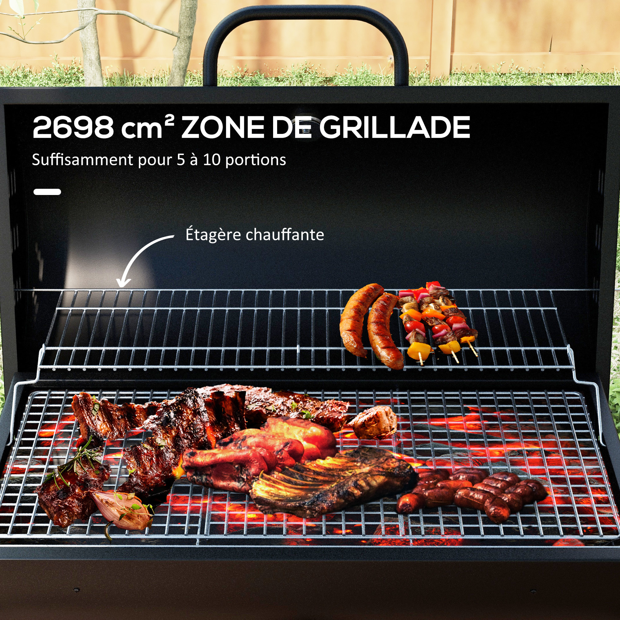 Barbecue à charbon smoker fumoir - 2 grilles, 2 roues, récupérateur cendre, thermomètre - métal noir