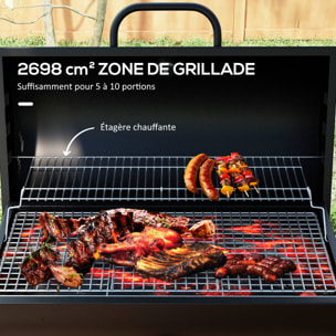 Barbecue à charbon smoker fumoir - 2 grilles, 2 roues, récupérateur cendre, thermomètre - métal noir