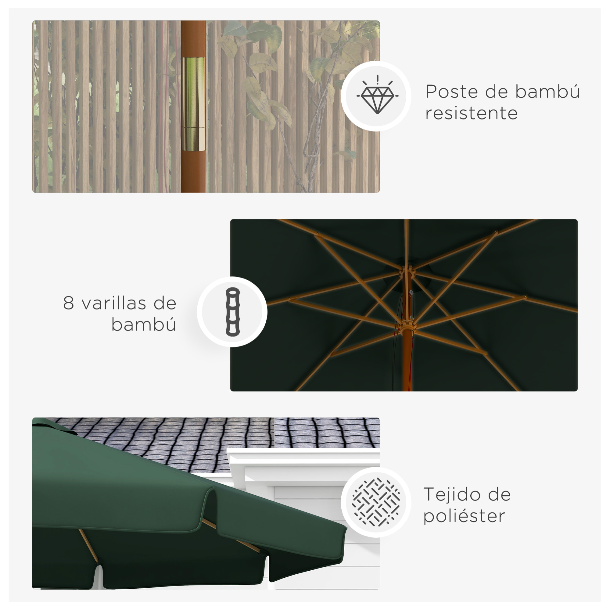 Sombrilla de Jardín Ø325x250 cm Parasol de Madera con Sistema de Polea Techo de Ventilación y 8 Varillas de Bambú para Terraza Balcón Exterior Verde Oscuro