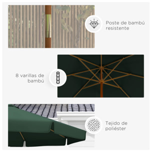 Sombrilla de Jardín Ø325x250 cm Parasol de Madera con Sistema de Polea Techo de Ventilación y 8 Varillas de Bambú para Terraza Balcón Exterior Verde Oscuro