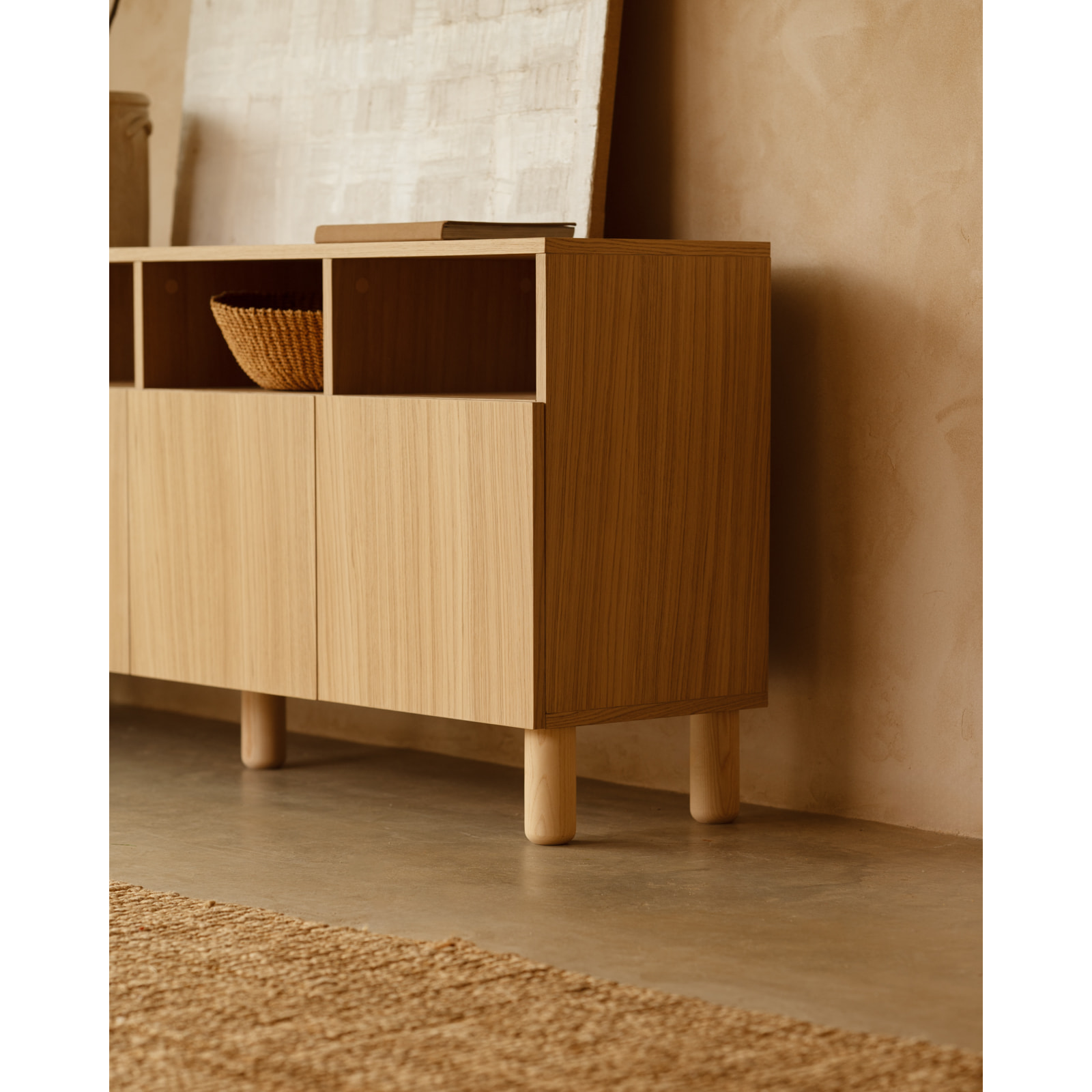Aparador con 4 puertas de chapa de madera de roble natural de 176x40cm Alto: 75 Largo: 176 Ancho: 40