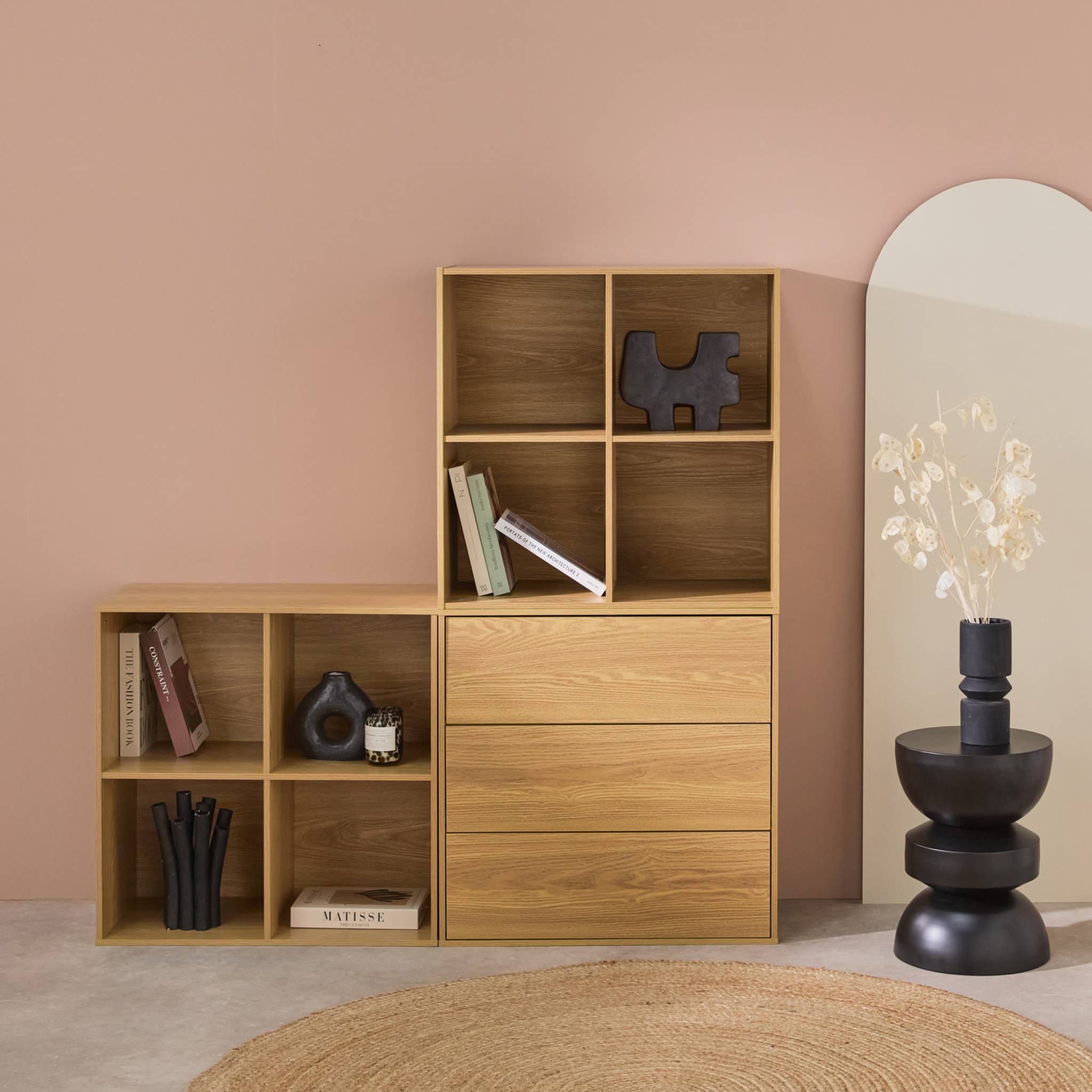 Etagère, bibliothèque modulable décor bois 3 éléments - 3 tiroirs 8 niches KOMPO