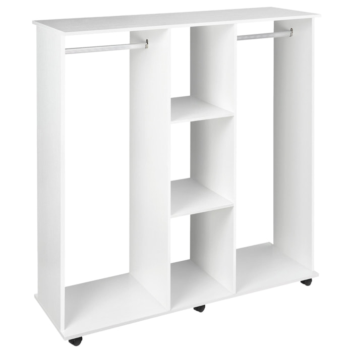 Armoire penderie meuble de rangement mobile 6 roulettes 120L x 40l x 128H cm panneaux de particules aspect bois blanc