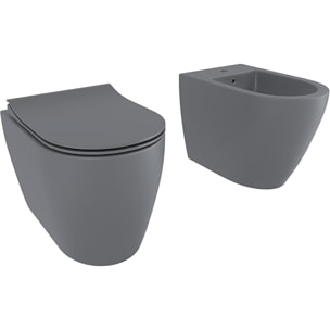 Coppia Sanitari Filomuro Parete Vaso WC Rimless Senza Brida Tornado Flush E Bidet Moderno In Ceramica Copriwater Chiusura Soft Close Grigio Opaco