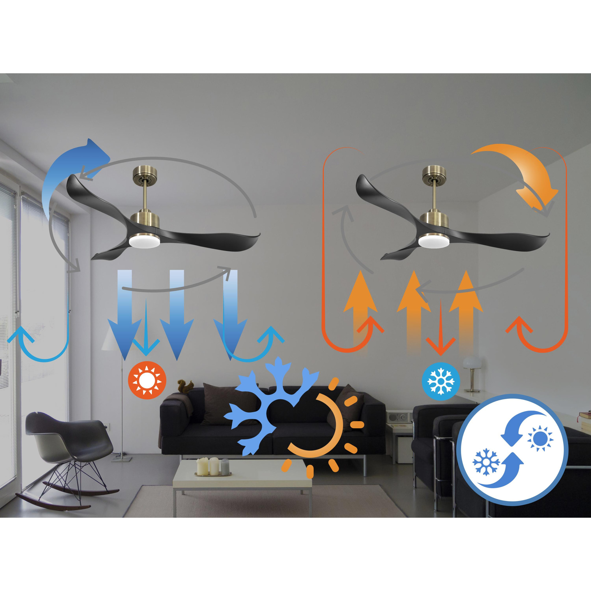 Ventilateur de plafond Réversible  Thermostat Dimmable Wifi Moteur à courant continu Toits en pente Télécommande Lumière à trois tons Adaptateur 2/3 Lames