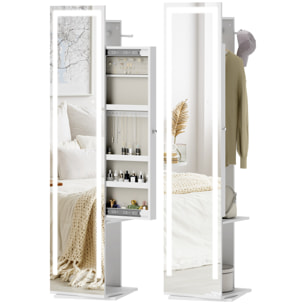 Espejo Joyero con Luces LED, Armario para Joyas, Armario Joyero con Espejo Entero, Perchero, Giratorio de 360°, Estantes Abiertos, Barras para Colgar, Blanco