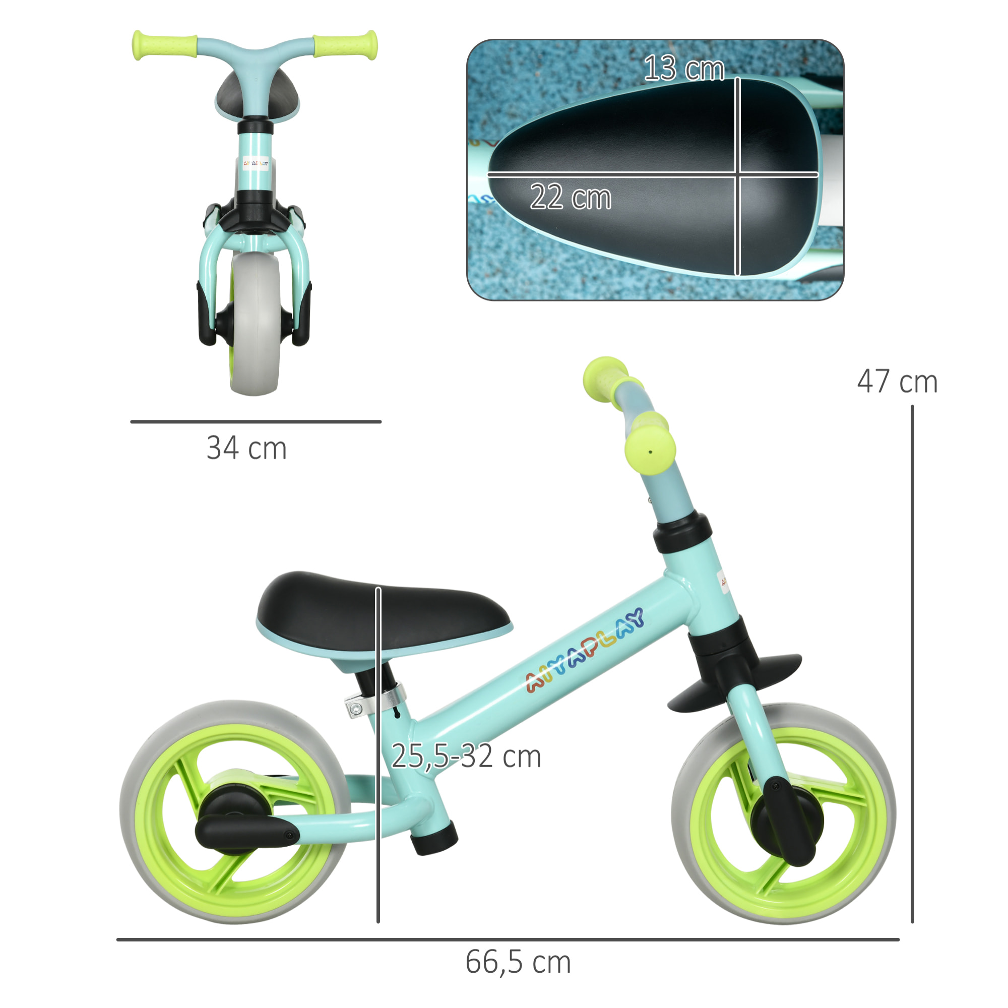 Bicicleta sin Pedales para Niños de 18-48 Meses Bicicleta de Equilibrio con Asiento Ajustable en Altura Carga 25 kg 66,5x34x47 cm Verde y Turquesa