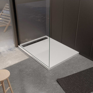 Receveur de douche en résine blanc 80x120x3 cm effet pierre granit + grille linéaire gun métal