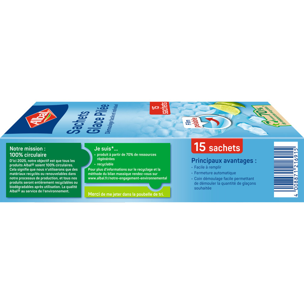 4x15 Sachets Glace Pilée Albal - 70% de ressources recyclées