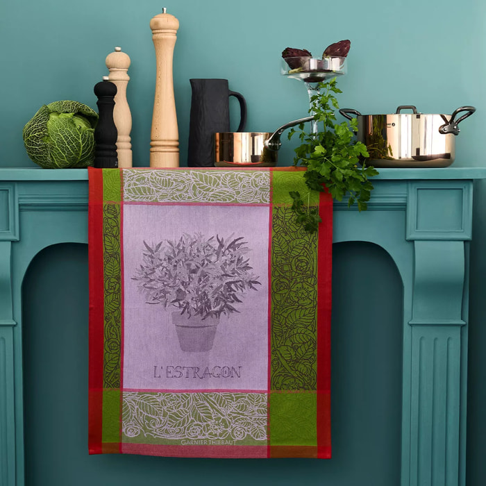 Torchon pur coton motif jacquard vert violet Estragon mousse