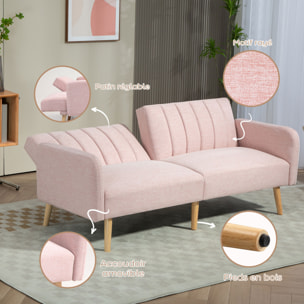 Canapé convertible 2 places design scandinave dossier inclinable 3 positions pieds bois tissu aspect lin rose