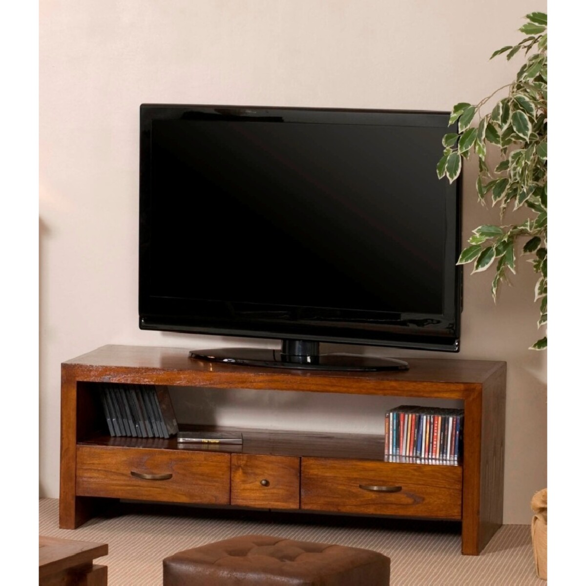 LAUREN - Meuble TV marron 2 grands tiroirs 1 petit tiroir bois Mindi