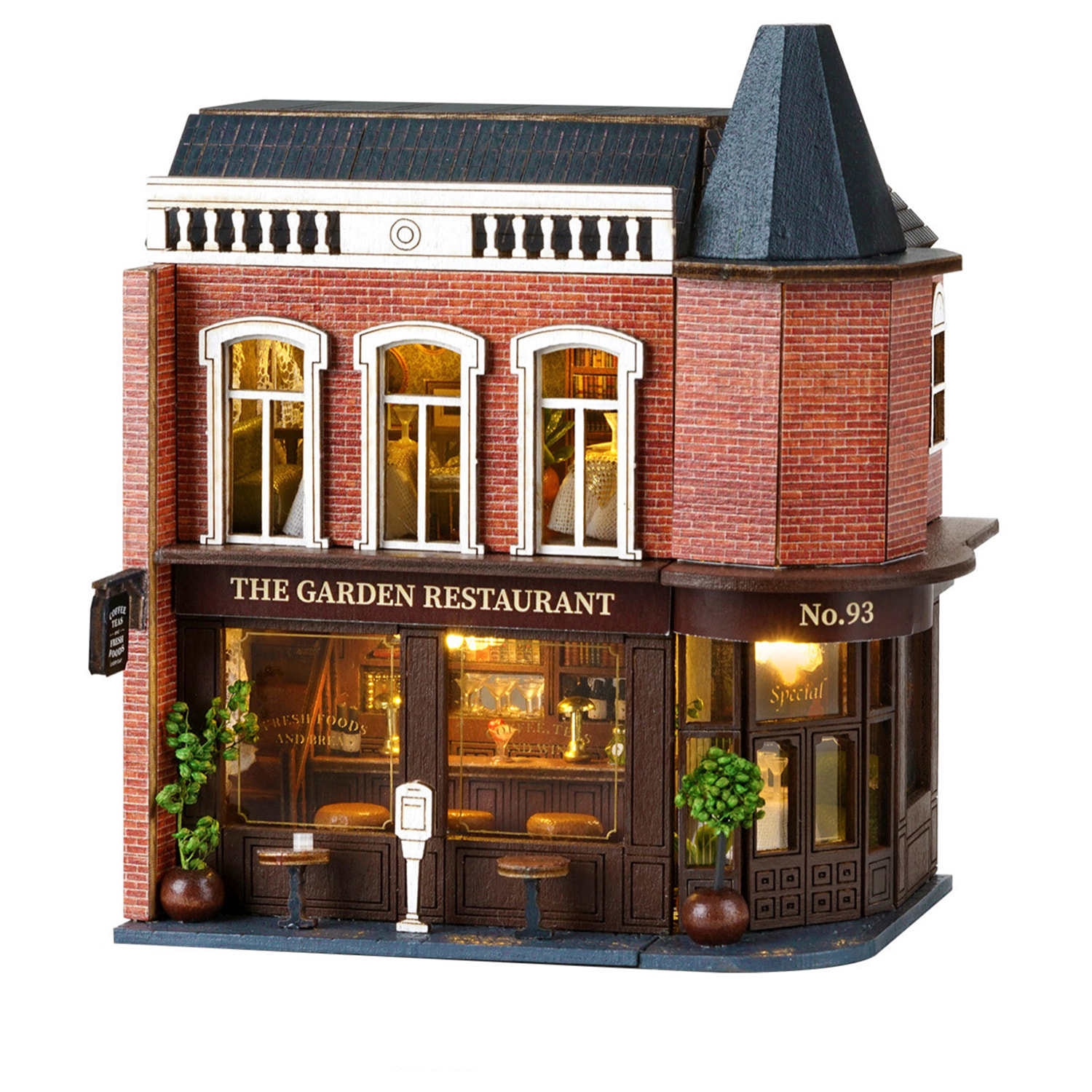 Restaurante Garden. Maqueta 3D con diseño de panel de puerta abierta, realista con gran detalle y luces led.