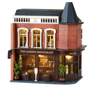 Restaurante Garden. Maqueta 3D con diseño de panel de puerta abierta, realista con gran detalle y luces led.