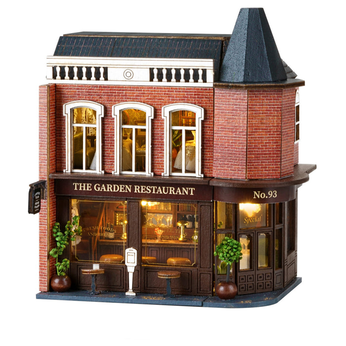 Restaurante Garden. Maqueta 3D con diseño de panel de puerta abierta, realista con gran detalle y luces led.