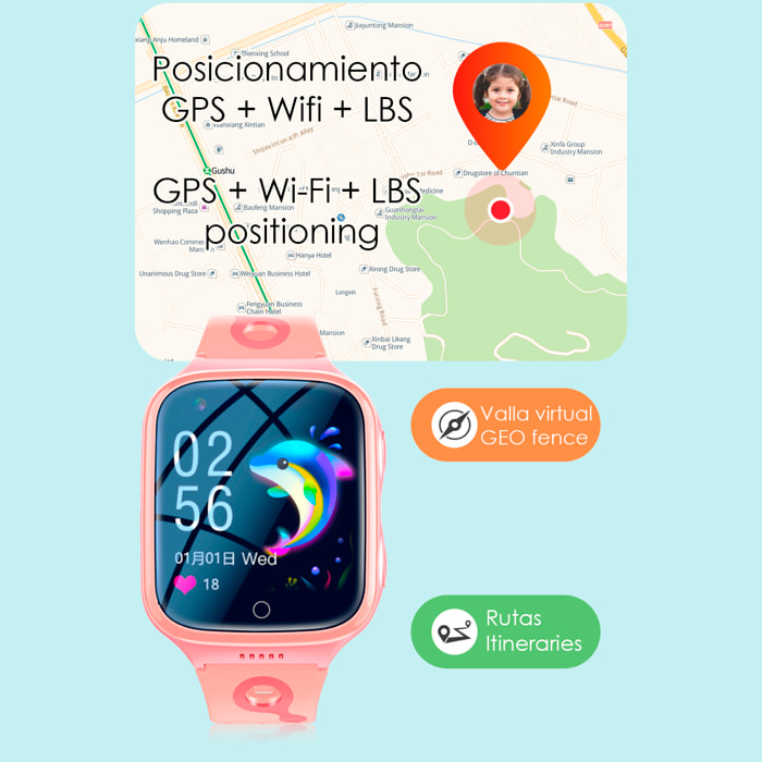 Smartwatch K9 4G GPS. Localización especial para niños, con cámara, cercas virtuales, escucha remota, llamadas SOS y video llamada.