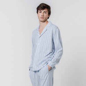 Pigiama lungo in cotone stile camicia con righe blu marsiglia