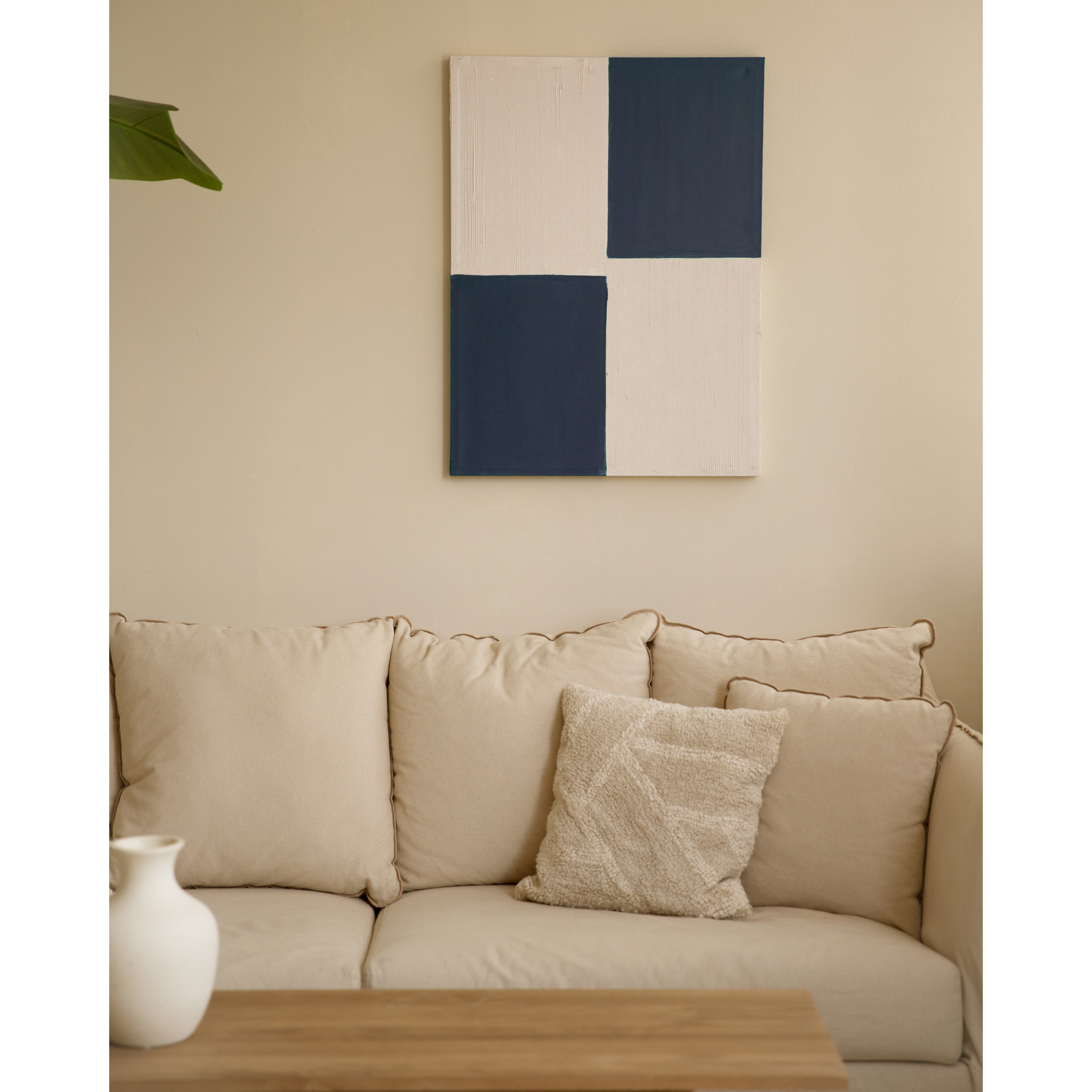 Tableau bleu et blanc décoratif sur coton avec cadre en bois peint à la main à la peinture à l'huile en différentes tailles