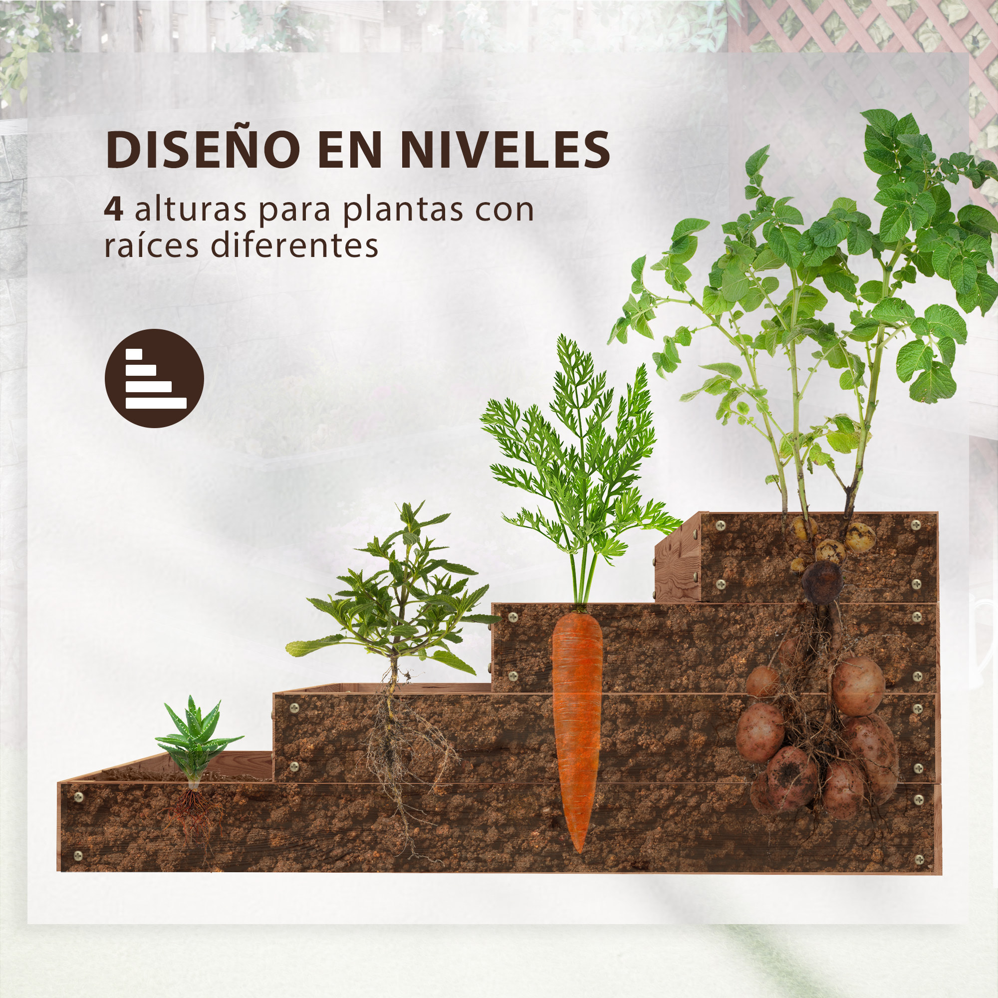 Jardinera de Madera Elevada de 4 Niveles Jardinera Exterior Grande con Diseño de Escalera Huerto Urbano para Cultivos Plantas Flores para Patio Terraza Balcón 113x113x46 cm Café Oscuro