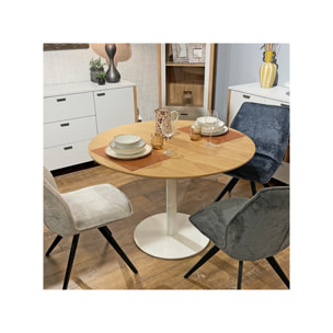 Table de repas ronde 110 cm plaqué chêne et pied métal blanc - FABIO
