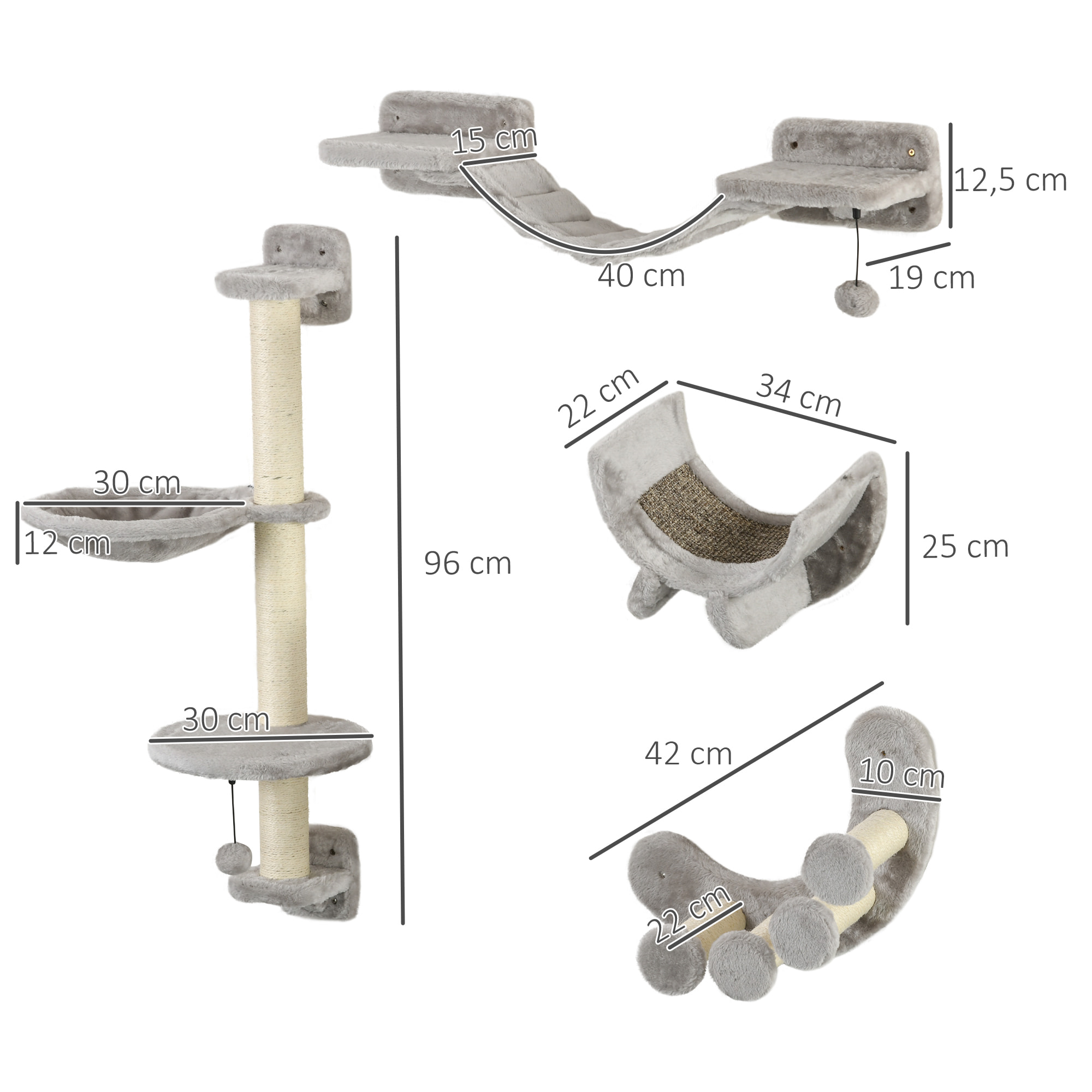 Juego de Estanterías para Gatos de 4 Piezas Rascador de Pared para Gatos con Hamaca Postes Rascadores Escalera Blanda Plataformas Gris
