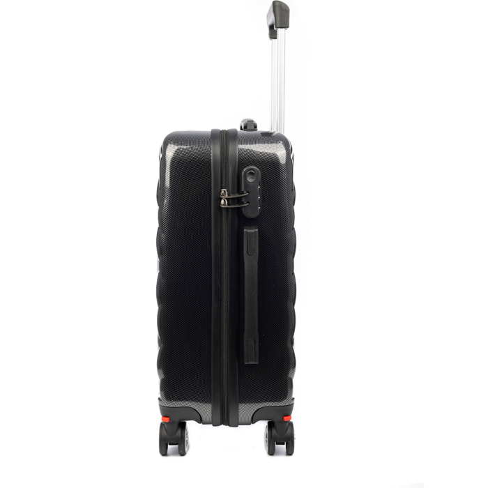 DAM Valigia da cabina Trolley in materiale leggero in ABS + PC ad alta resistenza. Chiusura numerica e 4 ruote doppie estraibili e girevoli a 360°. 37x24x56 Cm. Colore: Nero