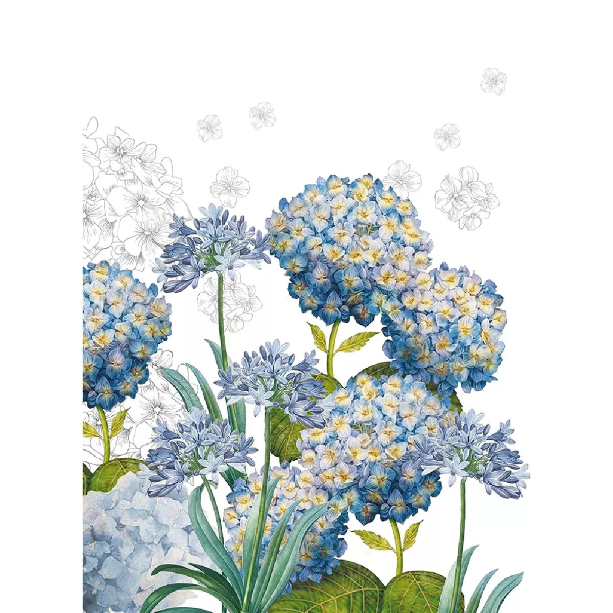 Torchon lin & coton lavé 190 g/m² imprimé bleu Jardin d'hortensias bleu