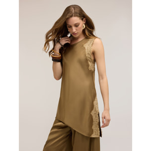 Motivi - Blusa asimmetrica in raso con pizzo - Verde militare