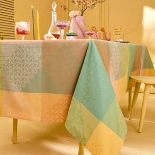 Nappe pur coton enduit 205 g/m² motif jacquard rose jaune Mille empreintes pastel