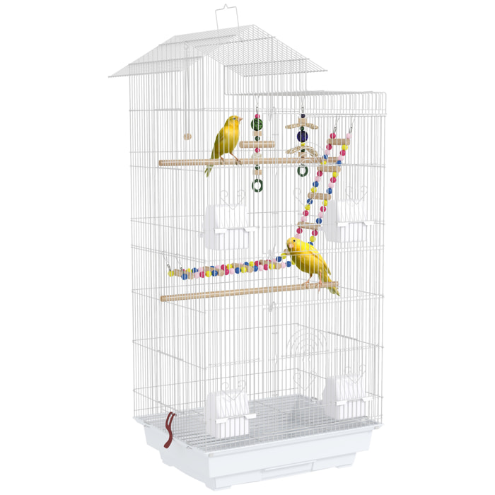 Jaula para Pájaros Pajarera con Múltiples Puertas 4 Comederos 3 Perchas Columpio Escaleras y Bandeja Extraíble para Loros Canarios Periquitos 46x36x100 cm Blanco