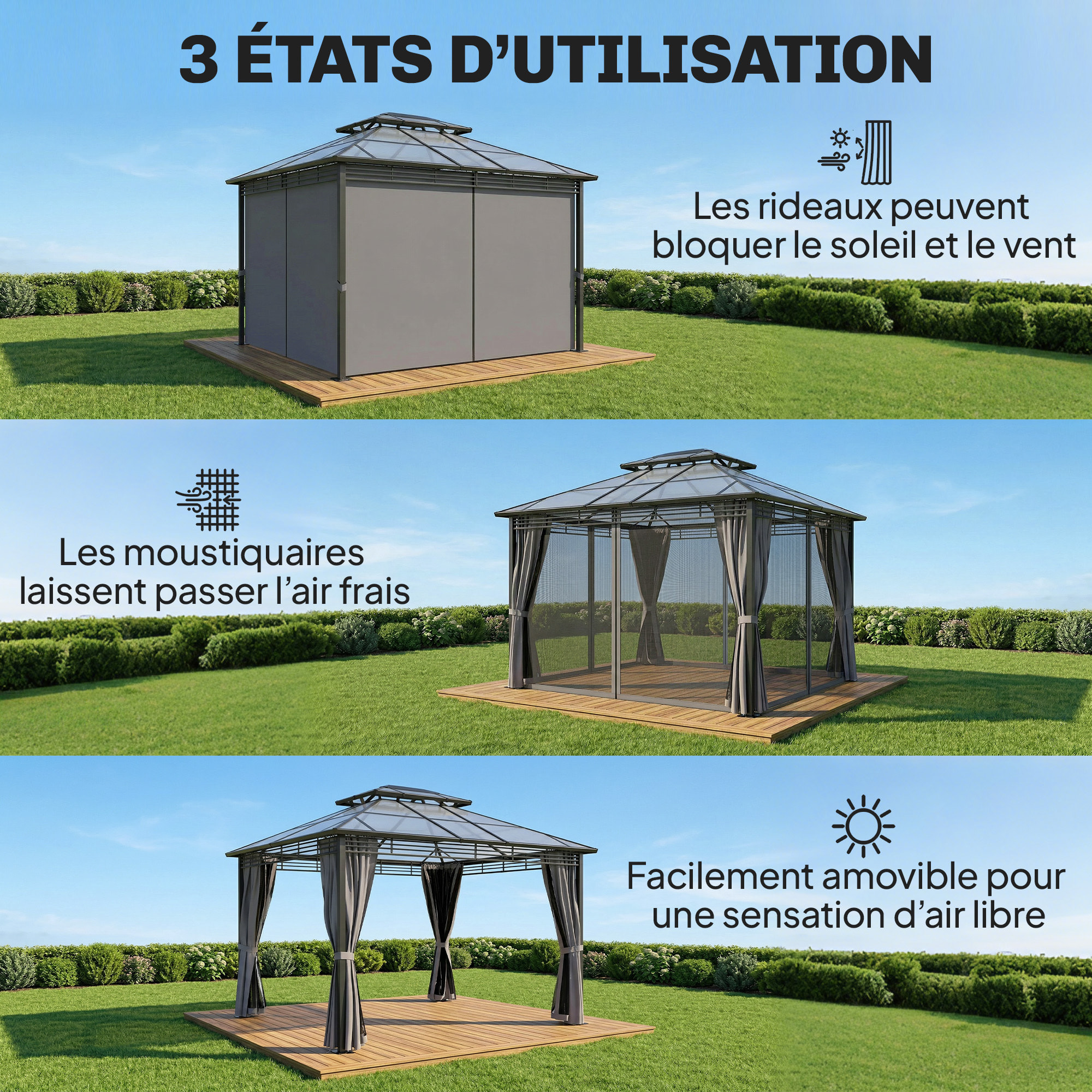 Pergola pavillon de jardin alu métal double toit polycarbonate 3 x 3,5 m rideaux moustiquaires inclus