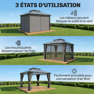 Pergola pavillon de jardin alu métal double toit polycarbonate 3 x 3,5 m rideaux moustiquaires inclus