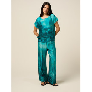 Oltre - Pantaloni palazzo in raso fantasia - Azzurro