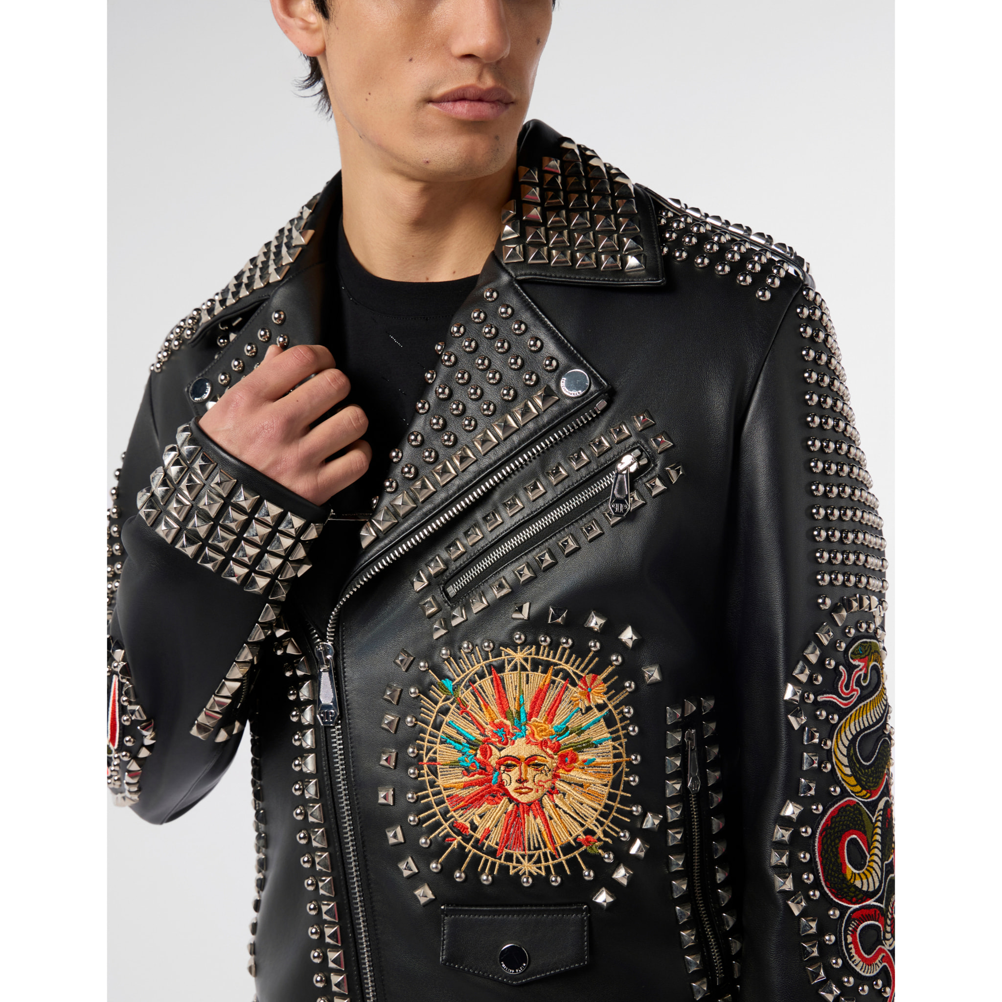 PHILIPP PLEIN Vintage Leather Biker Jacket Studs & Patches