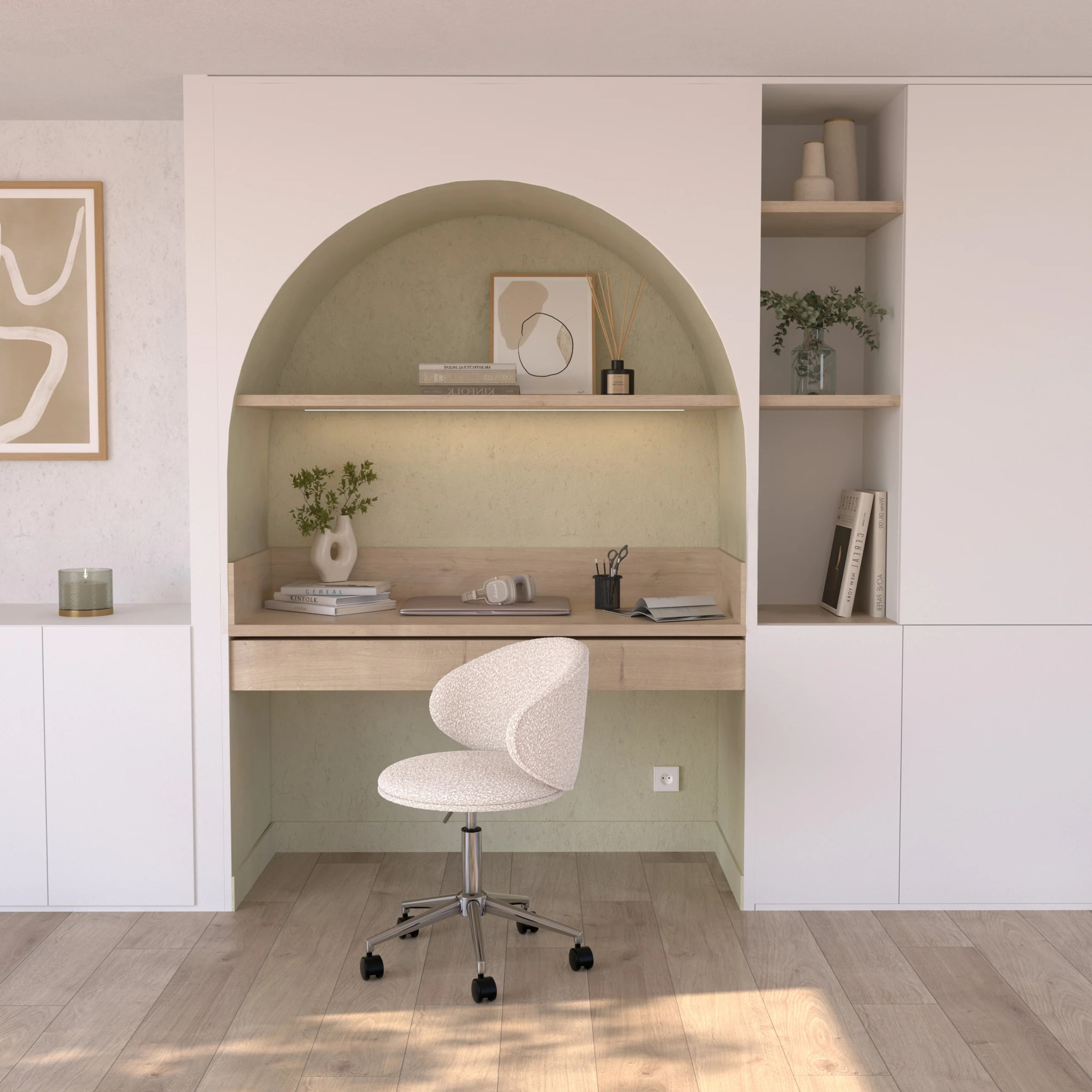 Chaise de bureau pivotante et réglable en tissu bouclé blanc - Aurore