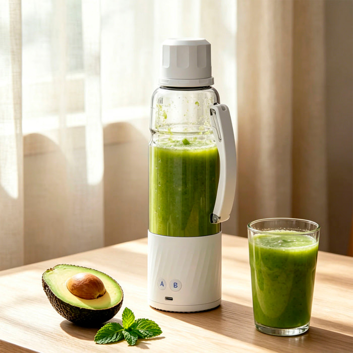 Batidora portátil HD-12 de 600 ml con potente motor de 370W, con batería recargable de 6000mAh.