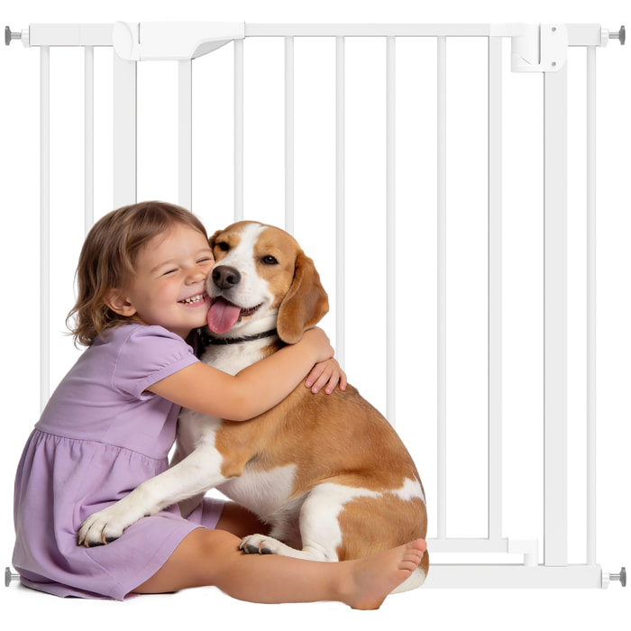 Barrera de Seguridad para Niños y Perros, Extensible 76-89 cm, Puerta para Perros, Bloqueo Doble, Cierre Automático, Apertura Dos Sentidos, Montaje a Presión, Extensión 7 cm, Blanco