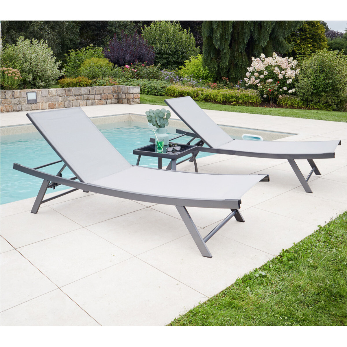 Ensemble transat de jardin et table basse en acier - gris perle - ARIO