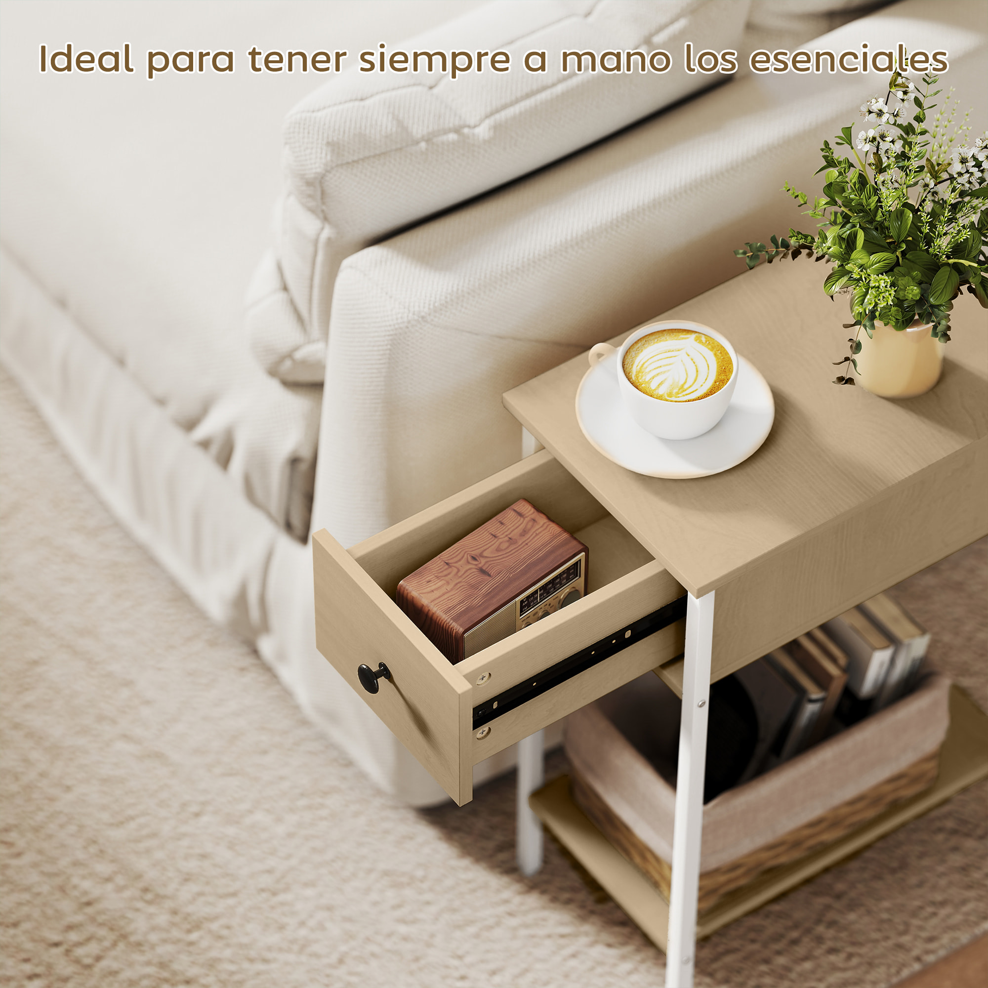 Mesa Auxiliar Estrecha Mesita Auxiliar Industrial con Cajón Estante Abierto y Estructura Metálica para Salón Dormitorio 25x39,8x58,2 cm Natural