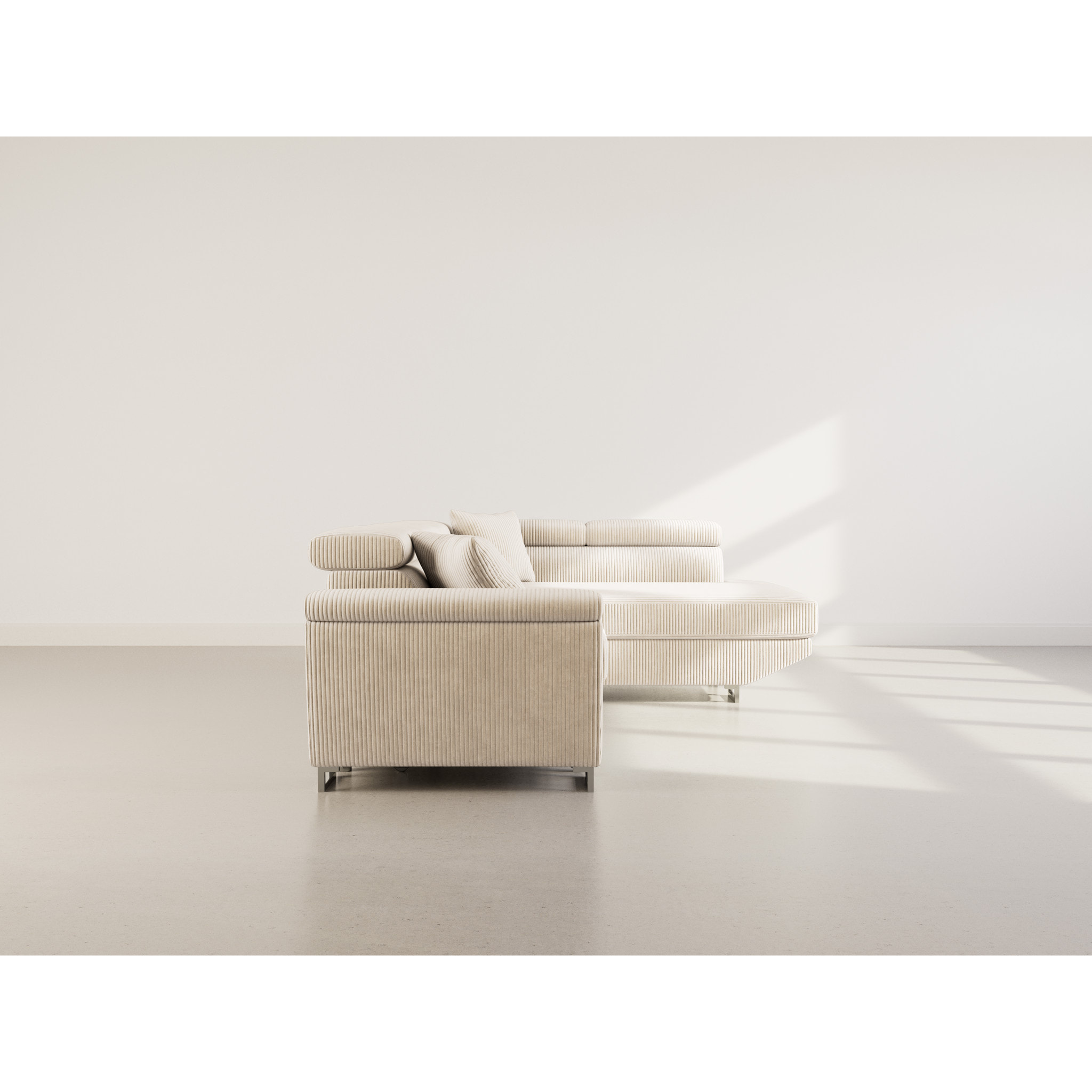 Baoji - Canapé d'angle droit 5 places convertible avec têtières et coffre en velours côtelé - Beige