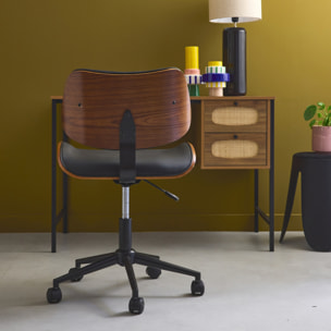 Chaise de bureau à roulettes décor bois courbé et simili cuir KAREN