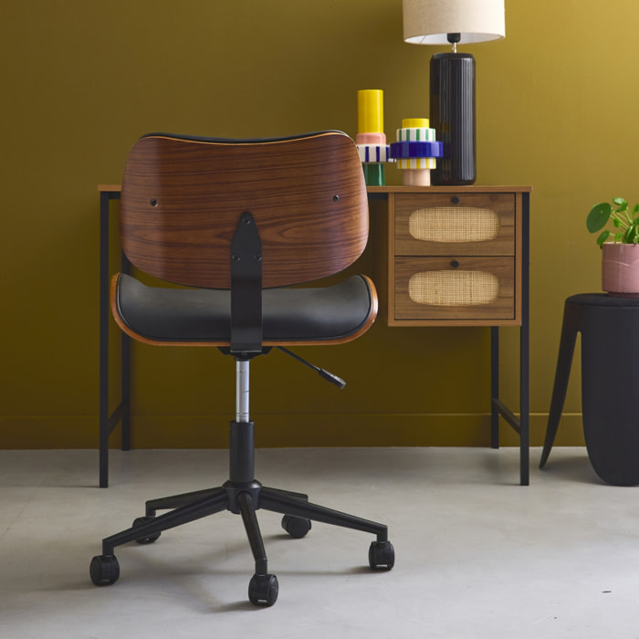 Chaise de bureau à roulettes décor bois courbé et simili cuir KAREN