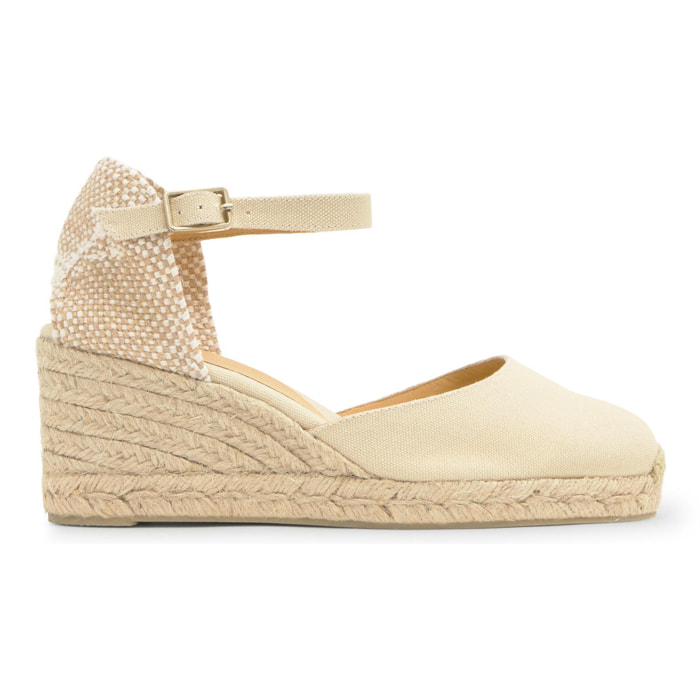 Alpargata de cuña 6 cm en lona de algodón con talonera trenzada y pulsera al tobillo