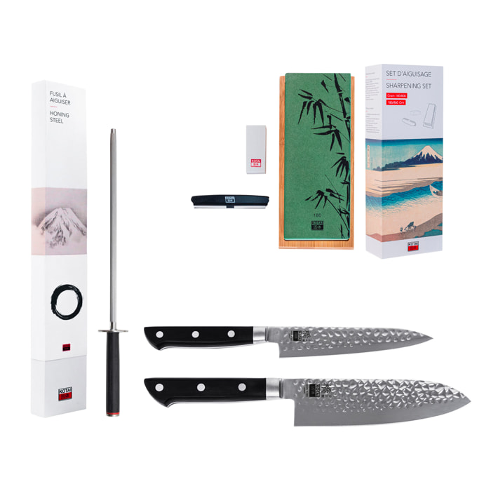 Set di coltelli Petty, Santoku et set per affilare "Deluxe : Hashi Tsuchime"