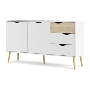 Credenza a due ante e tre cassetti, colore bianco e rovere, Misure 147 x 81 x 39 cm